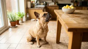 French Bulldog looking up at a bowl of fresh cut pineapple chunks