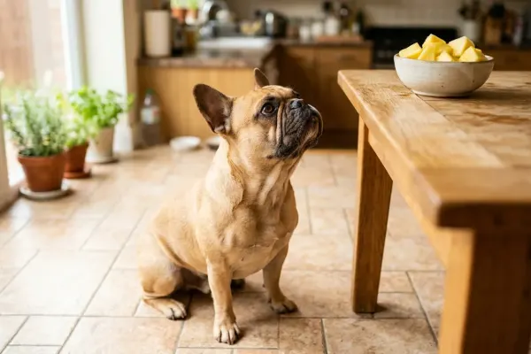 French Bulldog looking up at a bowl of fresh cut pineapple chunks