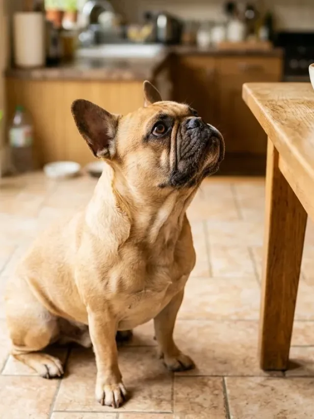 French Bulldog looking up at a bowl of fresh cut pineapple chunks