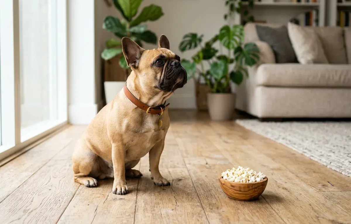 Fawn French Bulldog sitting attentively near a bowl of plain air-popped popcorn in a living room