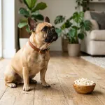 Fawn French Bulldog sitting attentively near a bowl of plain air-popped popcorn in a living room