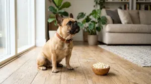 Fawn French Bulldog sitting attentively near a bowl of plain air-popped popcorn in a living room
