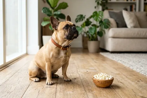 Fawn French Bulldog sitting attentively near a bowl of plain air-popped popcorn in a living room