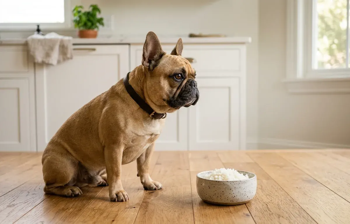 A French Bulldog sitting next to a bowl of plain cooked white rice on a kitchen floor.