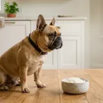 A French Bulldog sitting next to a bowl of plain cooked white rice on a kitchen floor.