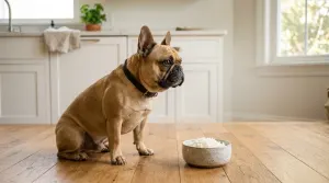 A French Bulldog sitting next to a bowl of plain cooked white rice on a kitchen floor.