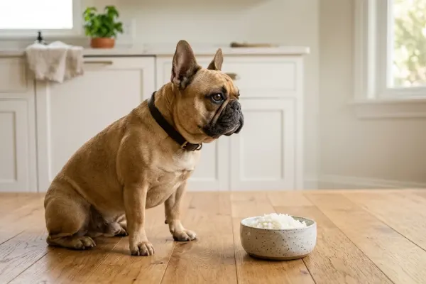 A French Bulldog sitting next to a bowl of plain cooked white rice on a kitchen floor.