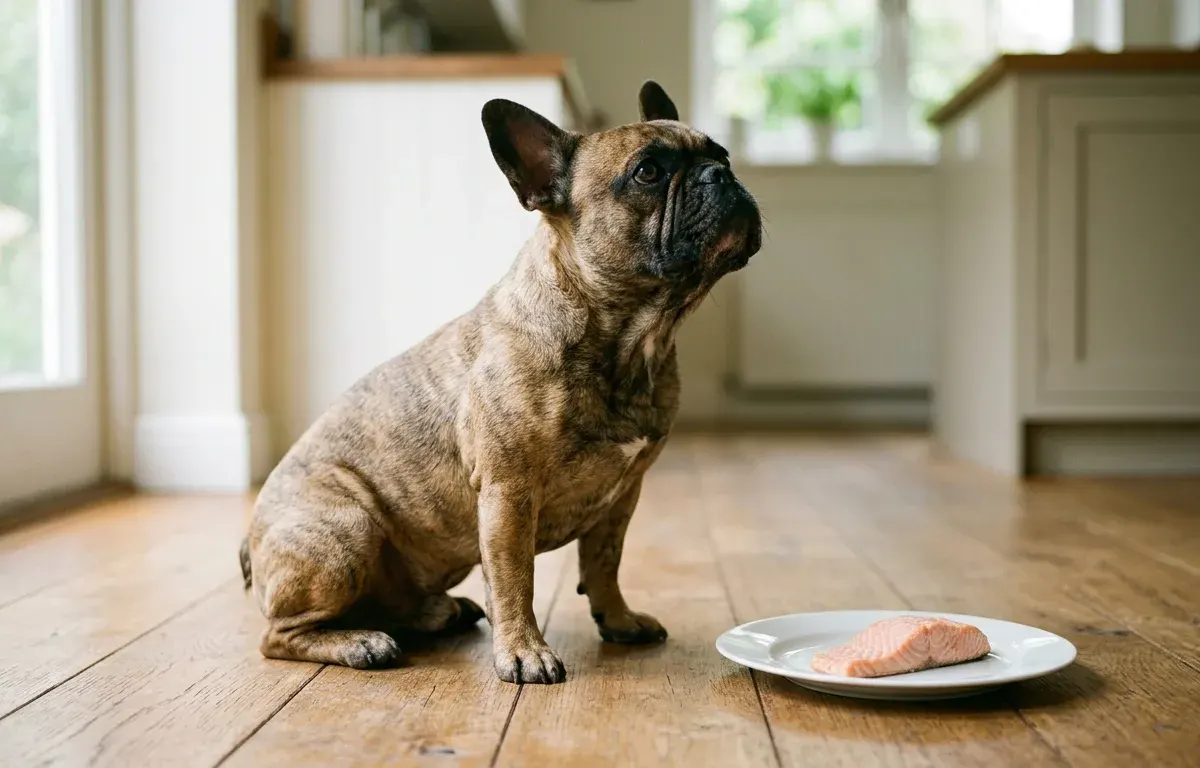 A French Bulldog sitting patiently in a sunlit kitchen next to a plate of plain cooked salmon.