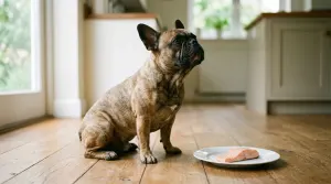A French Bulldog sitting patiently in a sunlit kitchen next to a plate of plain cooked salmon.