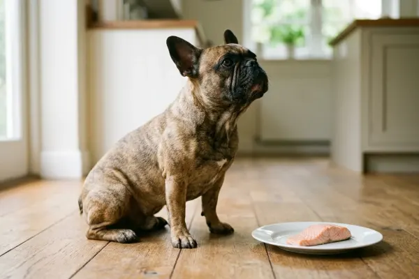 A French Bulldog sitting patiently in a sunlit kitchen next to a plate of plain cooked salmon.