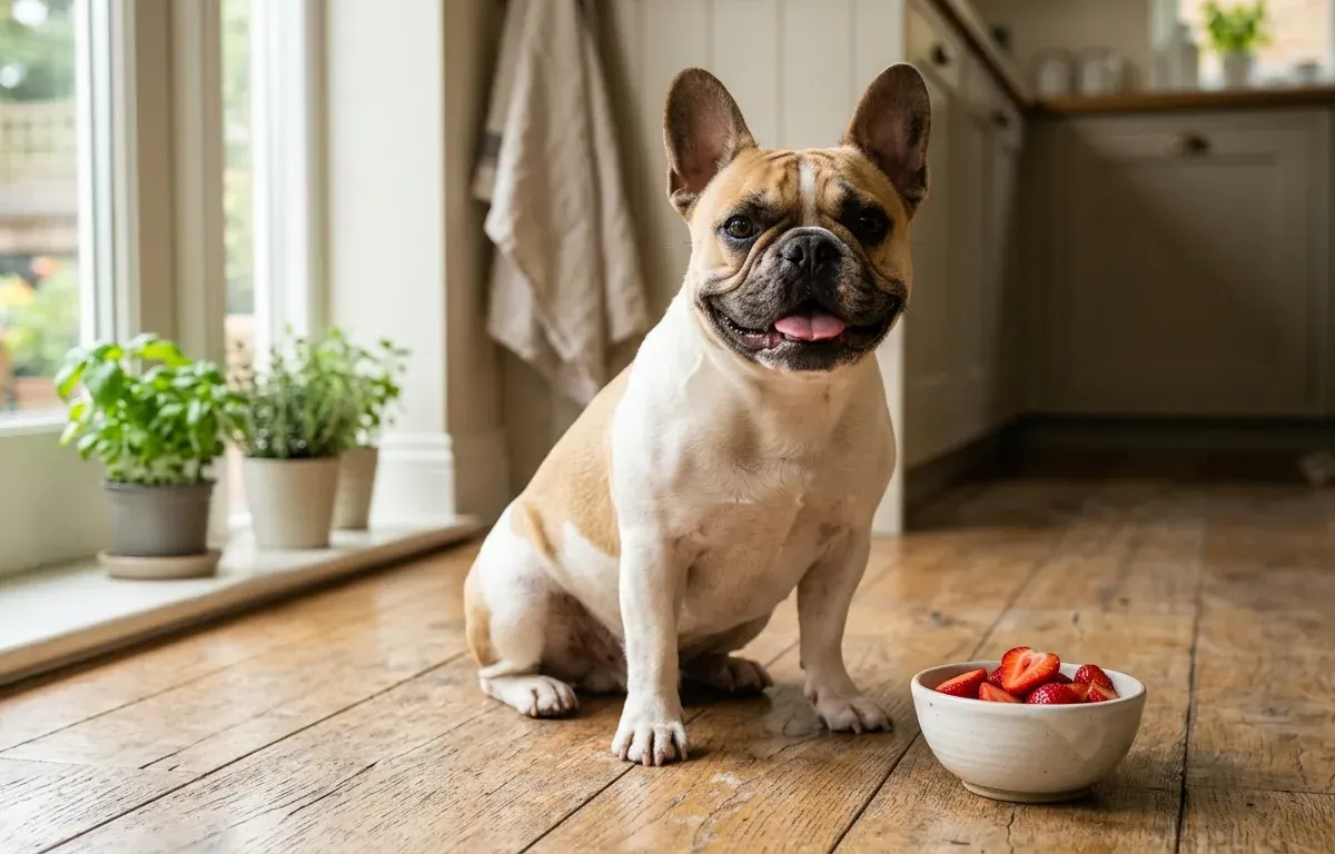 A French Bulldog sitting next to a bowl of fresh sliced strawberries in a bright kitchen