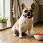 A French Bulldog sitting next to a bowl of fresh sliced strawberries in a bright kitchen