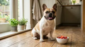 A French Bulldog sitting next to a bowl of fresh sliced strawberries in a bright kitchen