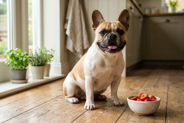 A French Bulldog sitting next to a bowl of fresh sliced strawberries in a bright kitchen