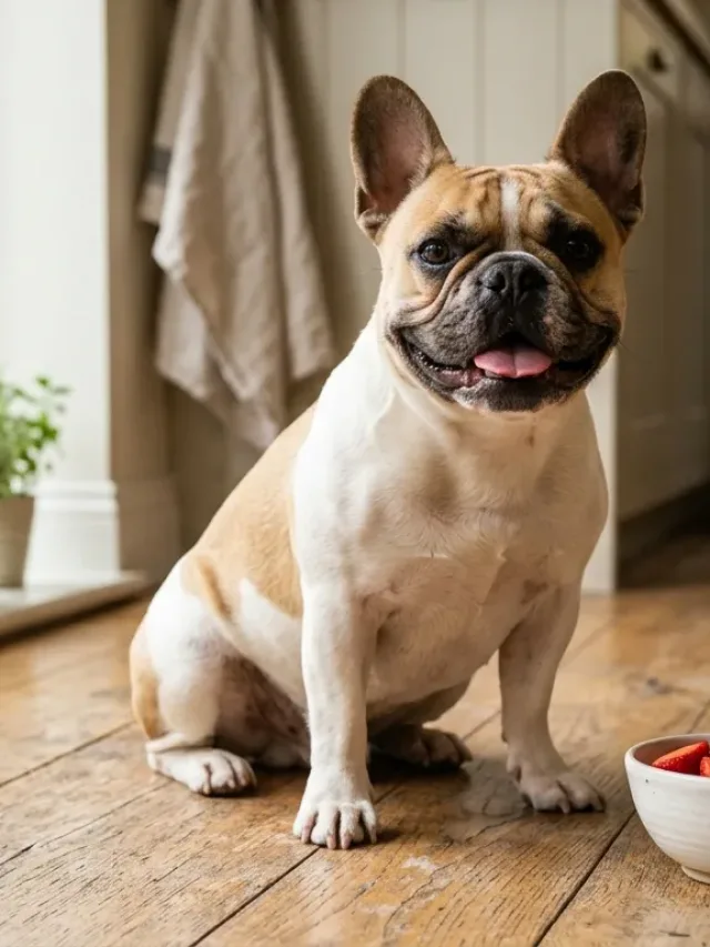 A French Bulldog sitting next to a bowl of fresh sliced strawberries in a bright kitchen