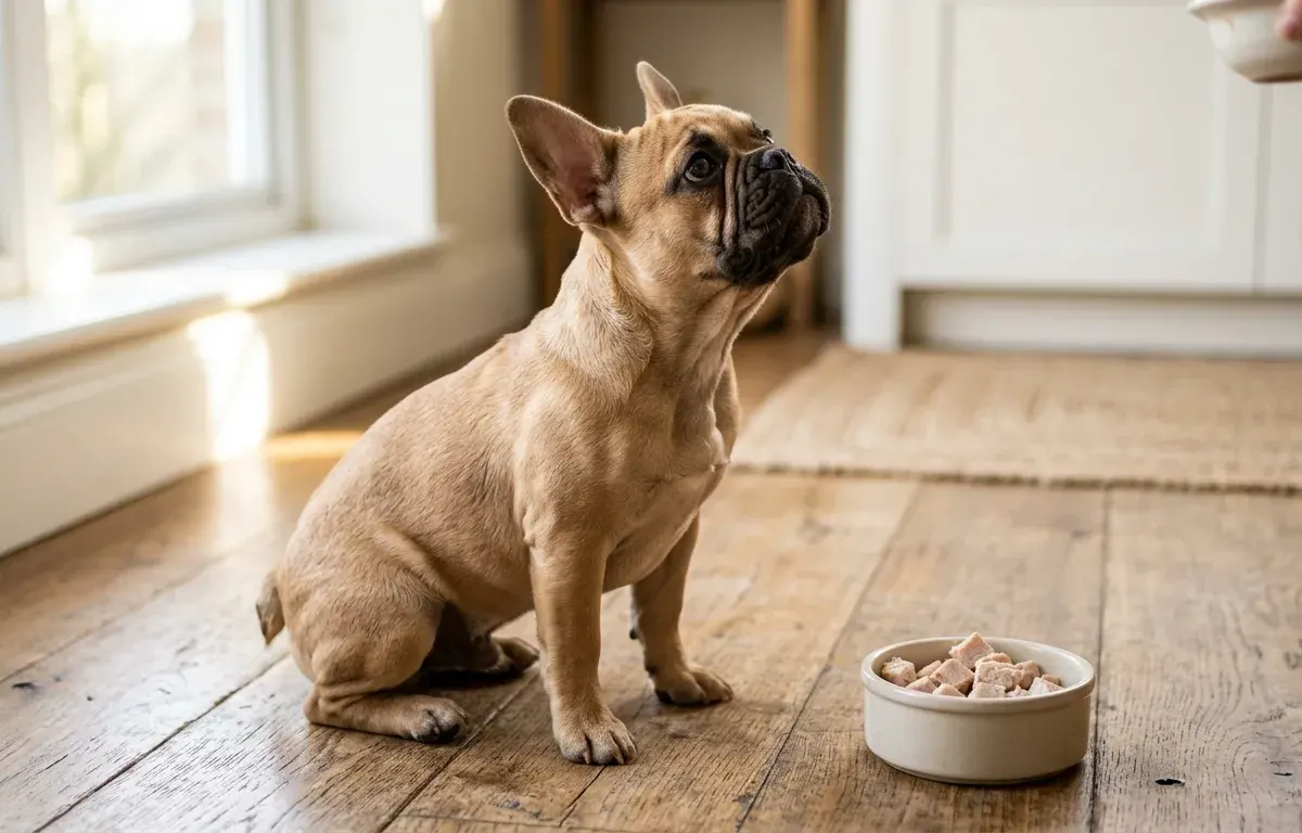 A French Bulldog sitting patiently next to a bowl of plain cooked turkey breast