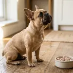 A French Bulldog sitting patiently next to a bowl of plain cooked turkey breast