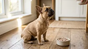 A French Bulldog sitting patiently next to a bowl of plain cooked turkey breast