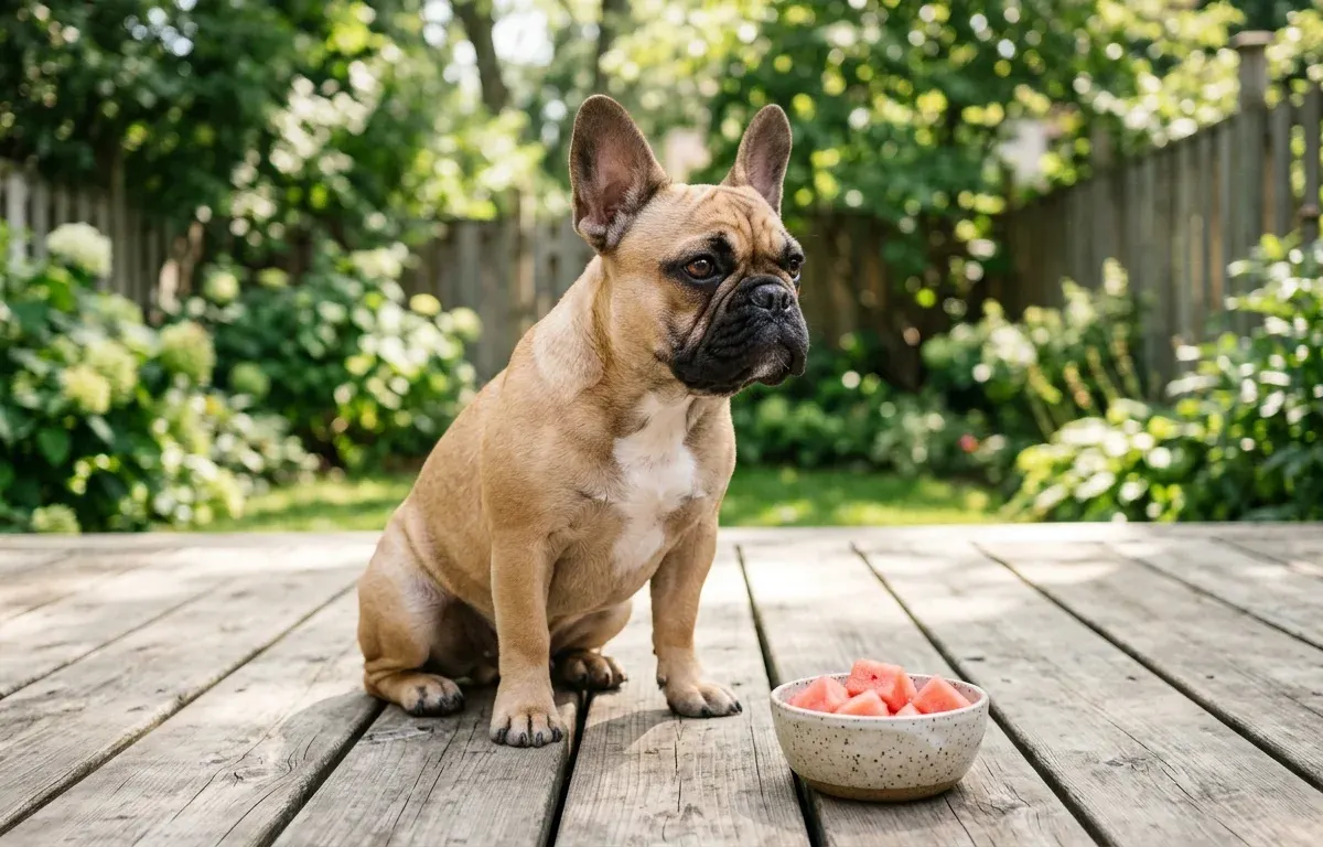 A fawn French Bulldog sitting next to a bowl of fresh seedless watermelon cubes.