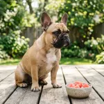 A fawn French Bulldog sitting next to a bowl of fresh seedless watermelon cubes.