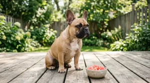 A fawn French Bulldog sitting next to a bowl of fresh seedless watermelon cubes.