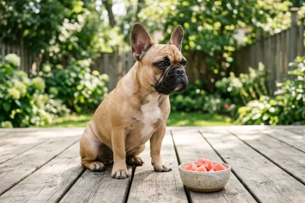 A fawn French Bulldog sitting next to a bowl of fresh seedless watermelon cubes.