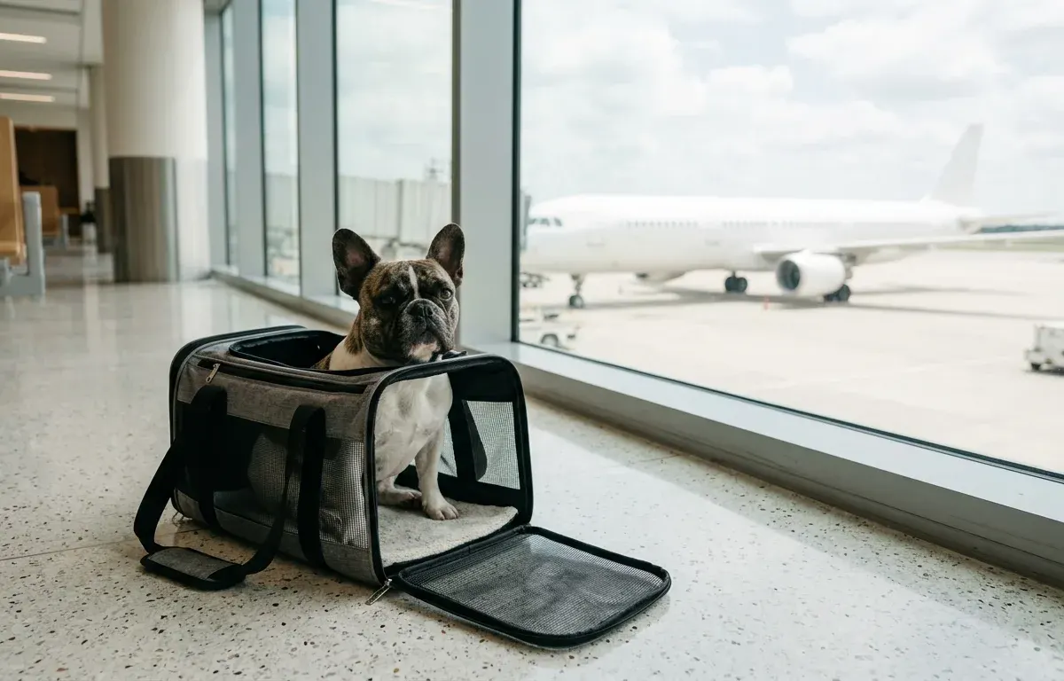 A French Bulldog resting inside an open travel carrier in an airport lounge.