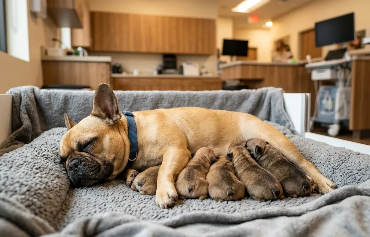 A French Bulldog dam resting with newborn puppies in a veterinary clinic after whelping.