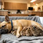 A French Bulldog dam resting with newborn puppies in a veterinary clinic after whelping.