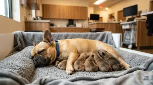 A female French Bulldog resting comfortably in a modern veterinary clinic during a prenatal health checkup.