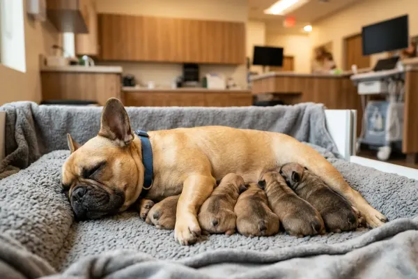 A French Bulldog dam resting with newborn puppies in a veterinary clinic after whelping.