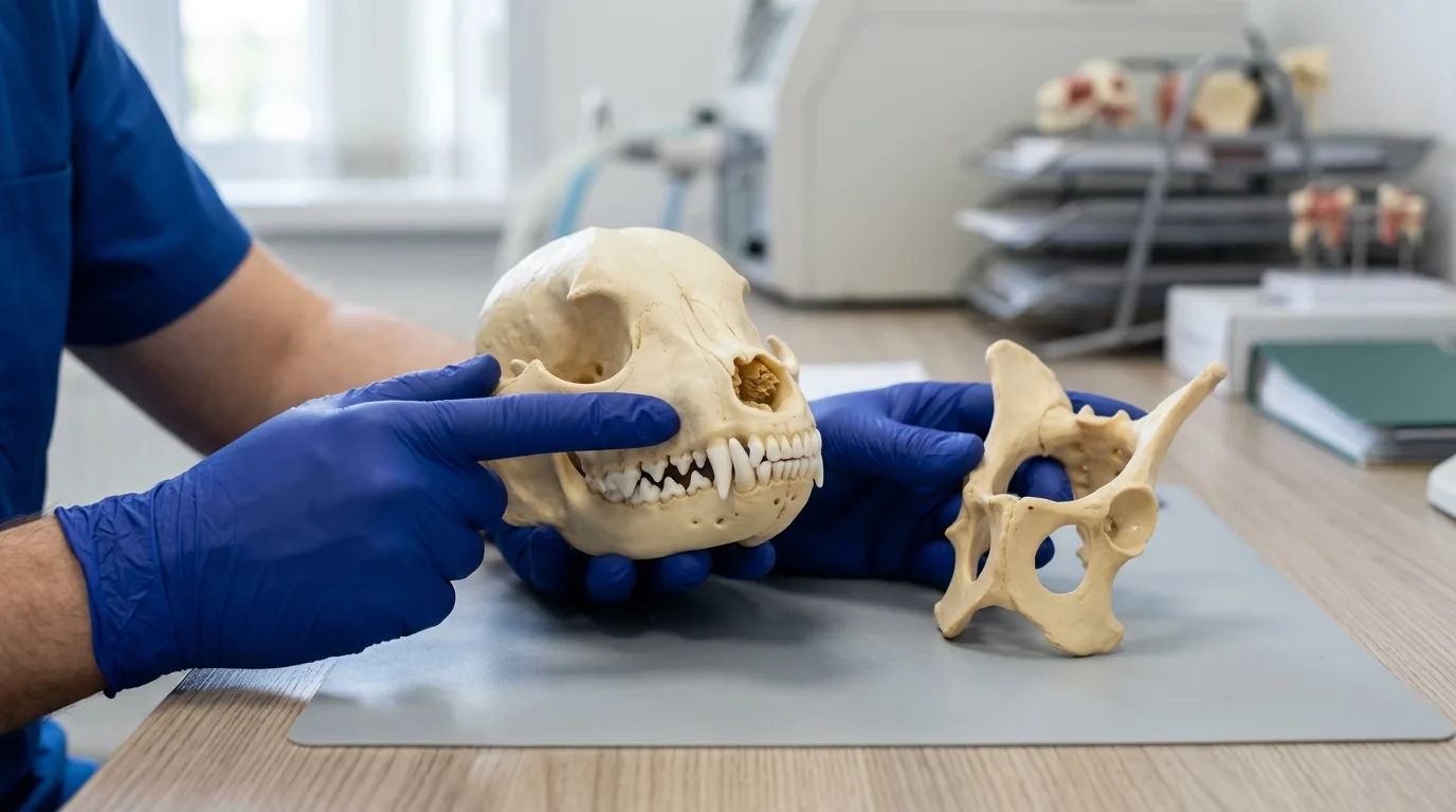 Veterinary anatomical comparison showing a large French Bulldog skull relative to a narrow pelvis.
