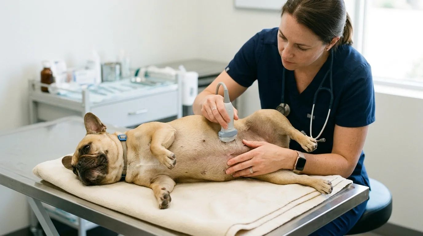 A veterinarian using ultrasound equipment to monitor a pregnant French Bulldog's litter.