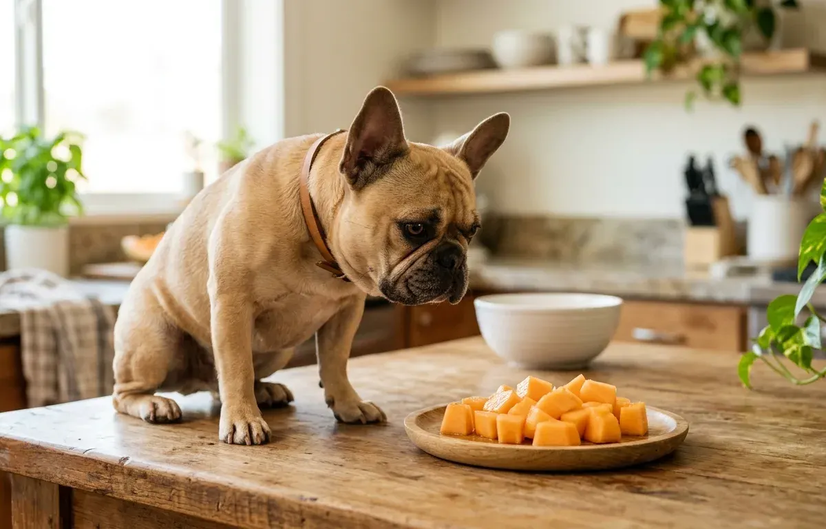 A fawn French Bulldog looking at small cut cantaloupe melon pieces on a wooden plate in a bright kitchen