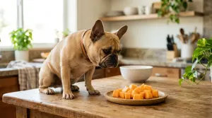 A fawn French Bulldog looking at small cut cantaloupe melon pieces on a wooden plate in a bright kitchen