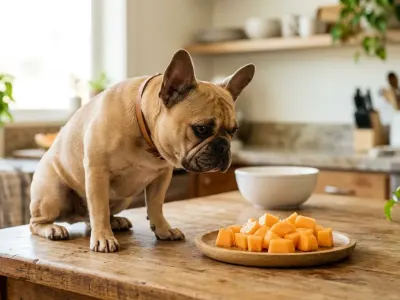 A fawn French Bulldog looking at small cut cantaloupe melon pieces on a wooden plate in a bright kitchen