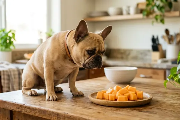 A fawn French Bulldog looking at small cut cantaloupe melon pieces on a wooden plate in a bright kitchen