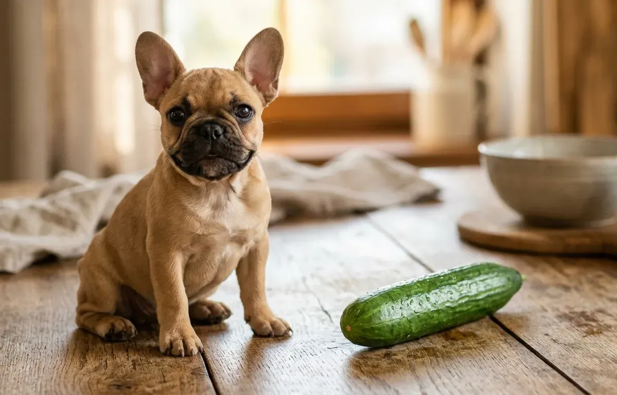A French Bulldog sitting next to a fresh whole cucumber on a wooden table.