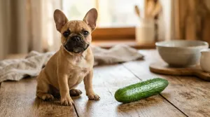 A French Bulldog sitting next to a fresh whole cucumber on a wooden table.