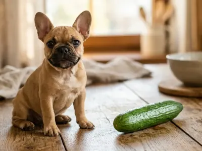 A French Bulldog sitting next to a fresh whole cucumber on a wooden table.