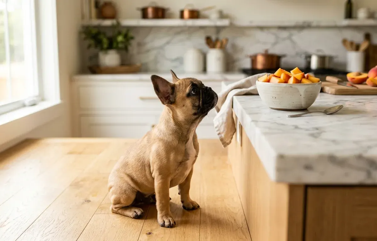 A fawn French Bulldog looking at fresh sliced peach cubes in a kitchen setting