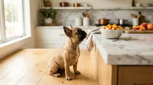 A fawn French Bulldog looking at fresh sliced peach cubes in a kitchen setting