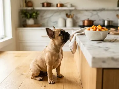 A fawn French Bulldog looking at fresh sliced peach cubes in a kitchen setting