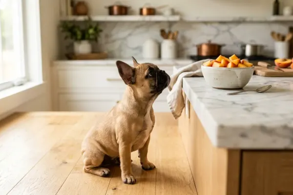 A fawn French Bulldog looking at fresh sliced peach cubes in a kitchen setting