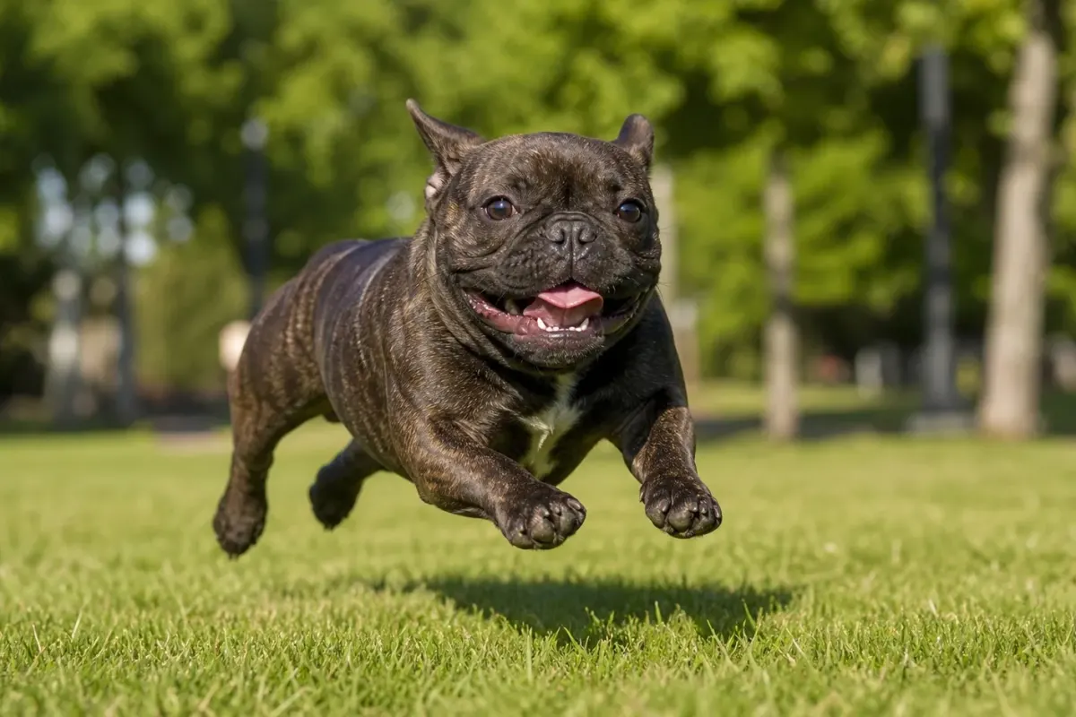 A French Bulldog running across a grassy park lawn during outdoor exercise.