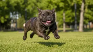 A French Bulldog running across a grassy park lawn during outdoor exercise.