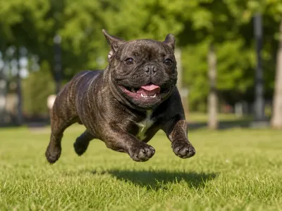 A French Bulldog running across a grassy park lawn during outdoor exercise.