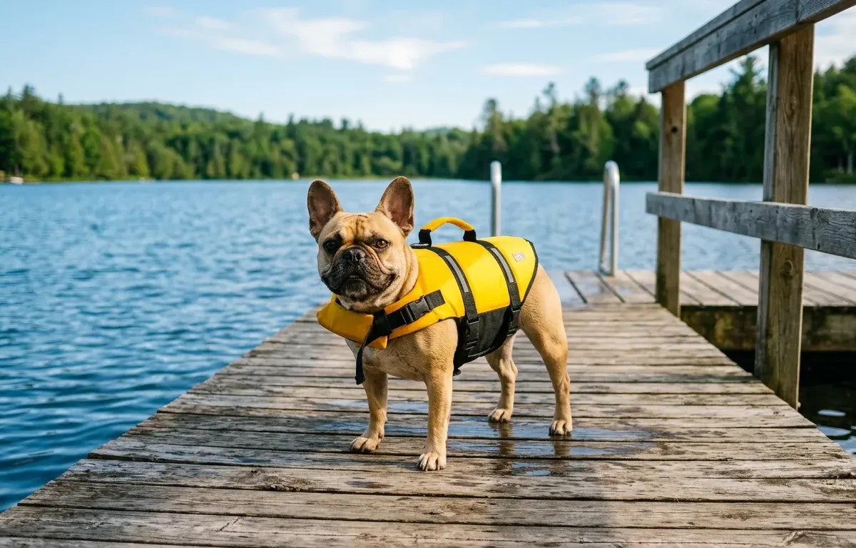 French Bulldog wearing a bright yellow life jacket standing safely near a calm lake.