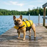 French Bulldog wearing a bright yellow life jacket standing safely near a calm lake.