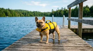 French Bulldog wearing a bright yellow life jacket standing safely near a calm lake.